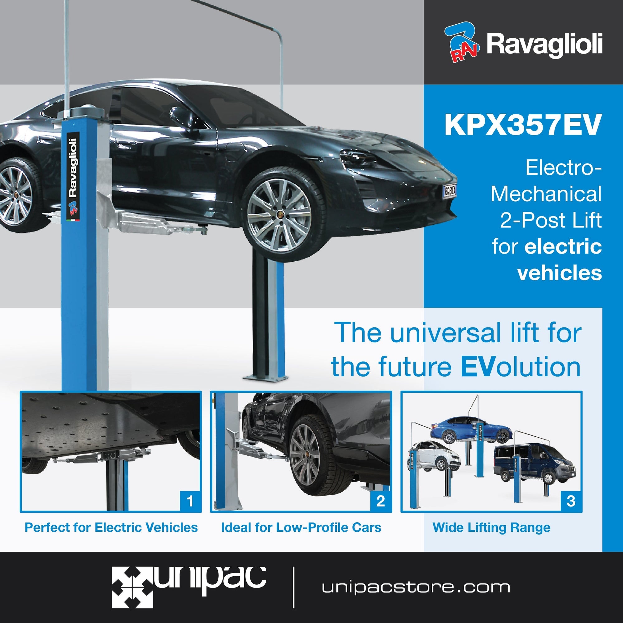 Future EVolution for Automotive Maintenance: Unveiling Ravaglioli’s Electromechanical 2-Post Lift for Electric Vehicles (KPX357EV)