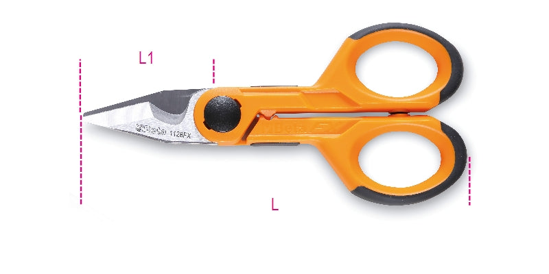 1128FX - Electrician's Scissors, Straight Stainless Steel Blades, with Microteeth, Cable Cutting Groove, and Crimping Pliers for Tube Terminals