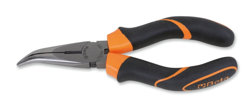 1168GBM - Extra-Long Bent Needle Knurled Nose Pliers, Bimaterial Handles, Industrial Finish