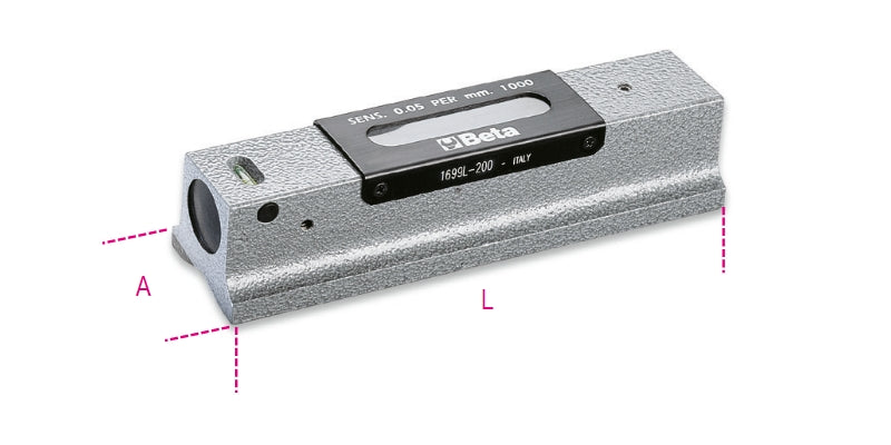 1699L - Precision Surface Level Made from Die-Cast Iron with Ground Prismatic Base, 2 Unbreakable Vials, Accuracy: 0.05 mm/M