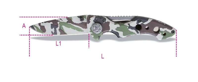 1778CM - Camouflage Foldaway Knife, Hardened Steel Blade, in Case