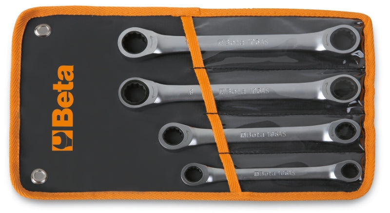 195AS/B4 - Set of 4 Ratcheting Double-Ended Flat Bi-Hex Ring Wrenches (Item 195AS), in Wallet