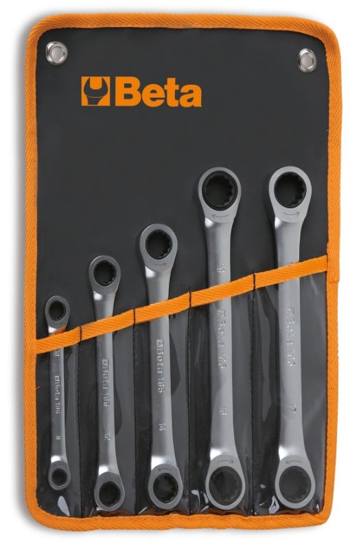 195/B5 - Set of 5 Ratcheting Double-Ended Flat Bi-Hex Ring Wrenches (Item 195), in Wallet