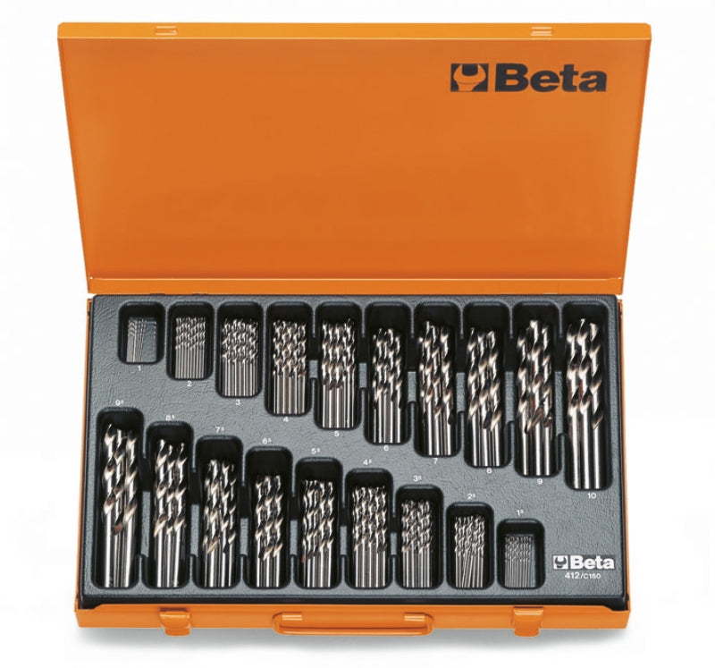 412/C150 - Set of Twist Drills with Cylindrical Shanks, Short Series, HSS, Entirely Ground Glossy Finishing (Item 412), in Case