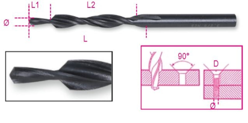 420A - Subland Twist Drills with Independent Spirals for Screw Holes, 90?, HSS, for Through Holes