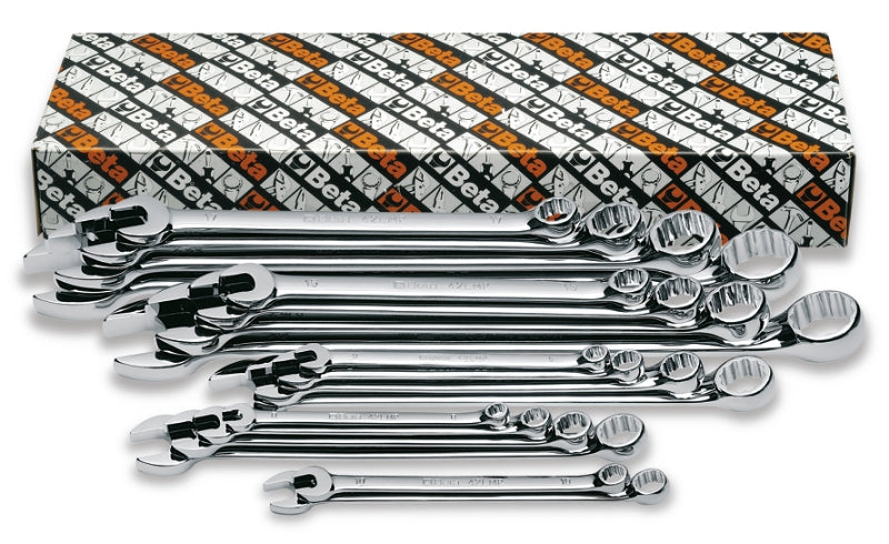 42LMP/S - Set of Combination Wrenches, Open and Offset Ring Ends, Long Series, Bright Chrome-Plated (Item 42LMP)