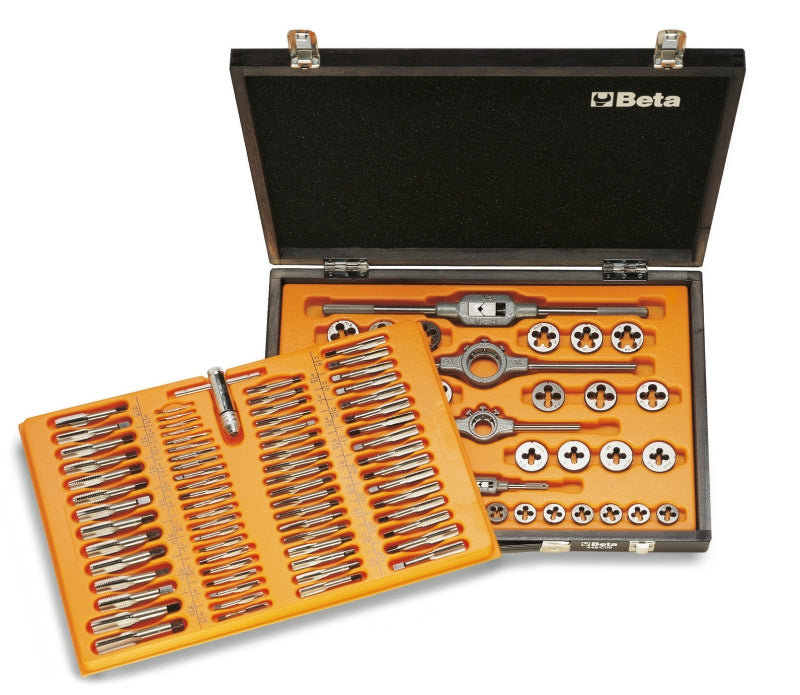 446/C110 - Assortment of Chrome-Steel Taps and Dies, Metric Thread, and Accessories for Car Repair Jobs in Wooden Case