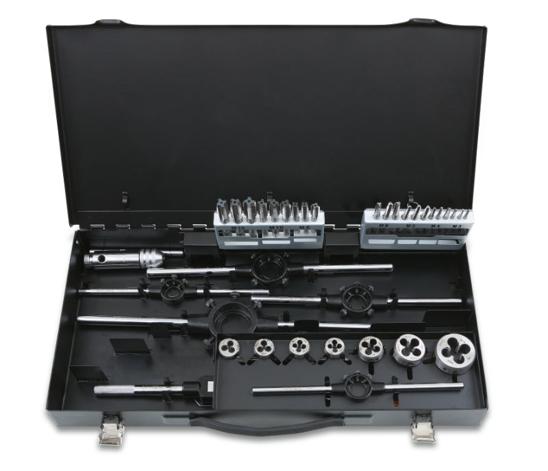 447/C37 - Assortment of HSS Taps and Dies, Metric Thread, and Accessories in Metal Case