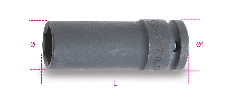 720LS - Impact Sockets, 1/2" Female Drive, Long, Slim Series, Phosphatized