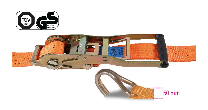 8184 - Reverse ratchet tie down, long lever, with single hook, LC 2500 kg, high-tenacity polyester (PES) belt