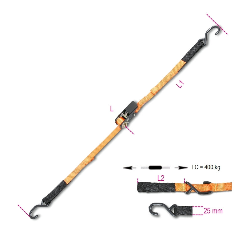 8188CG/25 - Ratchet Tie Downs with S-Hooks and Eyes, Lc 400 Kg High-Tenacity Polyester (Pes) Strap