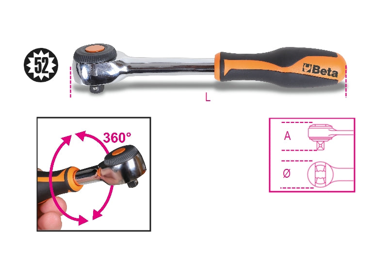 910/58 - 3/8" Drive Reversible Ratchet with Rotating Handle, 52 Tooth Mechanism